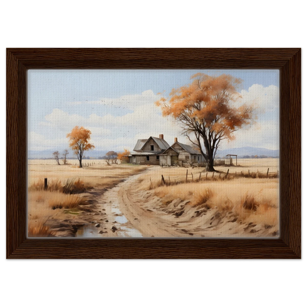 Autumn Homestead – Rustic Countryside Landscape Wall Art Print - Framed Canvas - 20x30 cm / 8x12″ - Dark wood frame