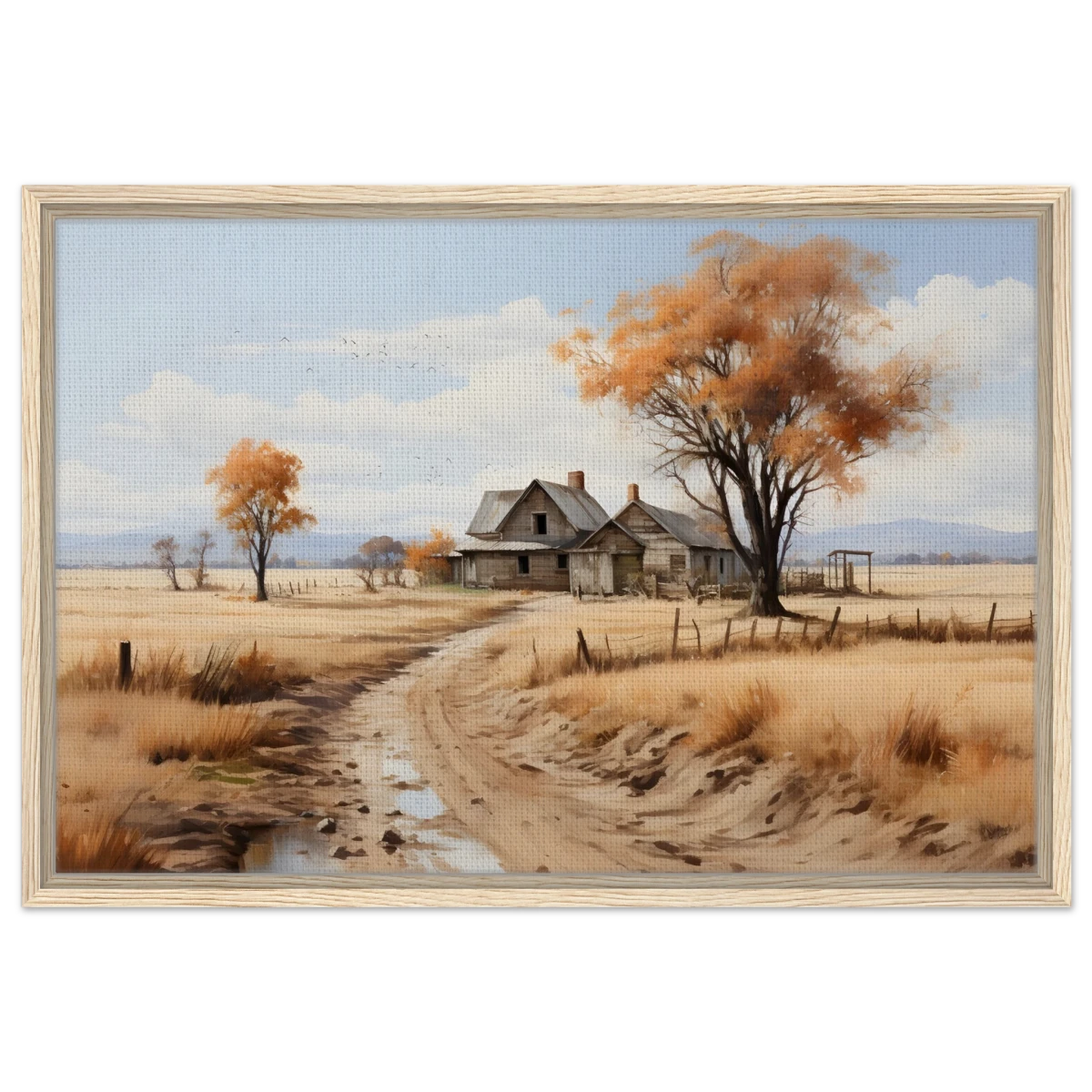 Autumn Homestead – Rustic Countryside Landscape Wall Art Print - Framed Canvas - 50x75 cm / 20x30″ - Wood frame