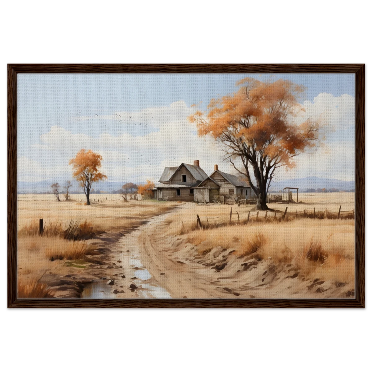 Autumn Homestead – Rustic Countryside Landscape Wall Art Print - Framed Canvas - 60x90 cm / 24x36″ - Dark wood frame