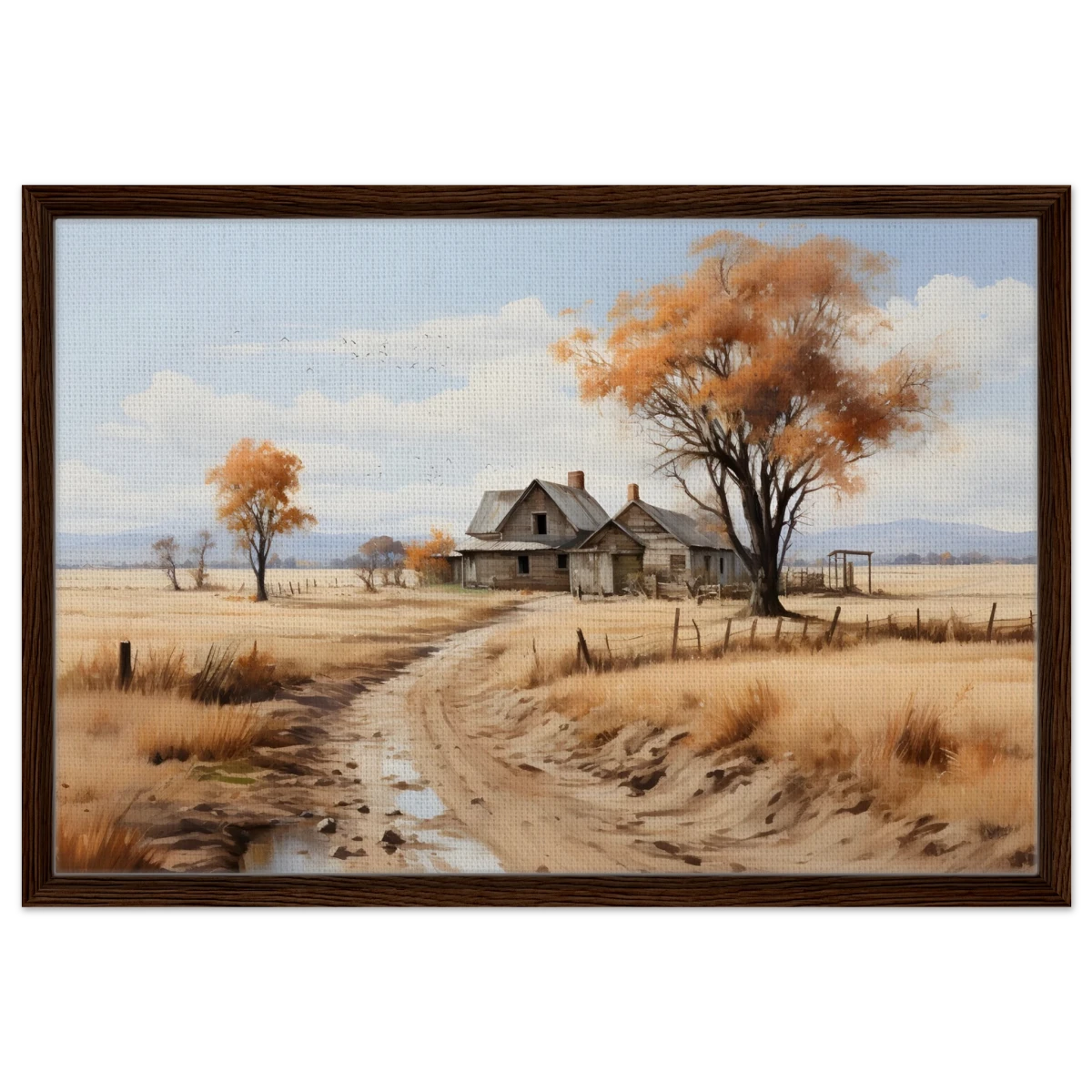 Autumn Homestead – Rustic Countryside Landscape Wall Art Print - Framed Canvas - 50x75 cm / 20x30″ - Dark wood frame