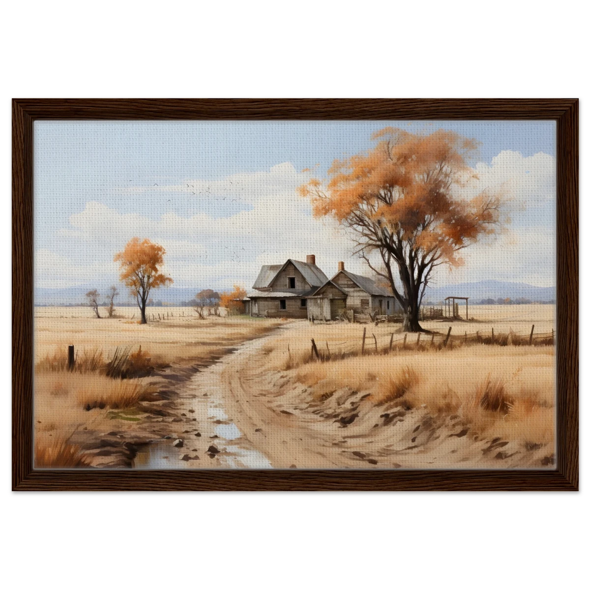 Autumn Homestead – Rustic Countryside Landscape Wall Art Print - Framed Canvas - 40x60 cm / 16x24″ - Dark wood frame