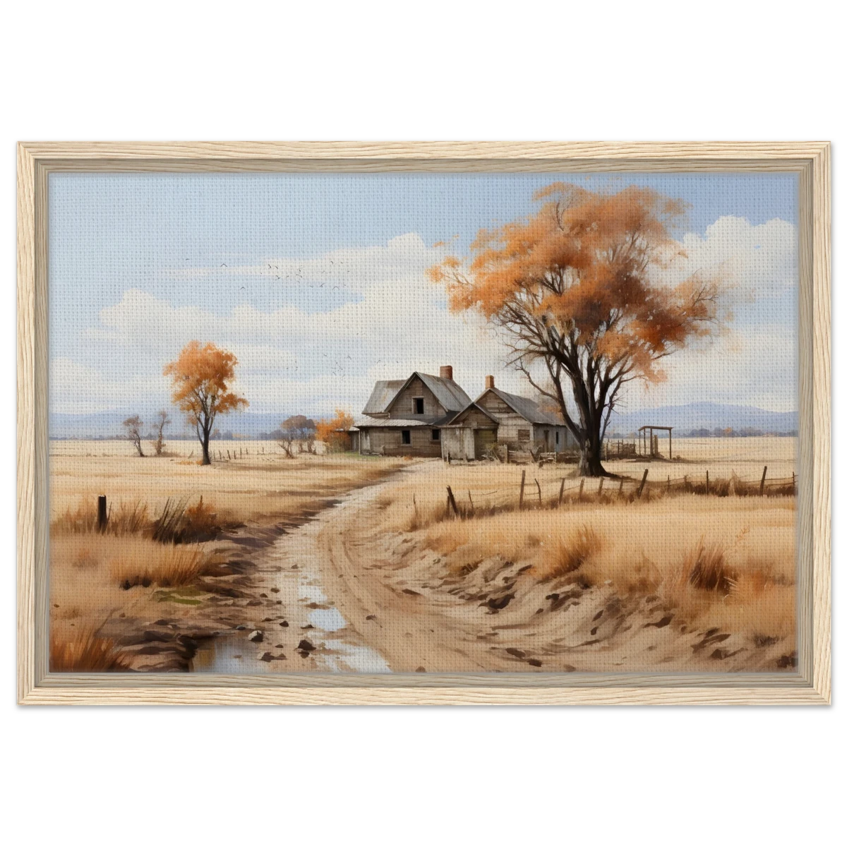 Autumn Homestead – Rustic Countryside Landscape Wall Art Print - Framed Canvas - 40x60 cm / 16x24″ - Wood frame