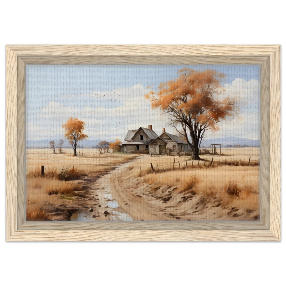 Autumn Homestead – Rustic Countryside Landscape Wall Art Print - Framed Canvas - 20x30 cm / 8x12″ - Wood frame
