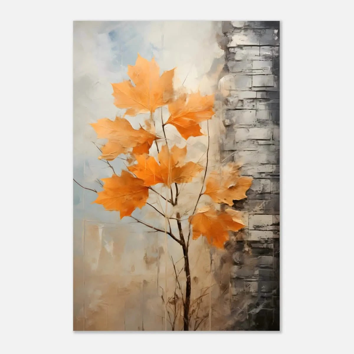 Autumn Maple Leaves by Birch Tree – Modern Nature Wall Art - Aluminum Print - 60x90 cm / 24x36″ -