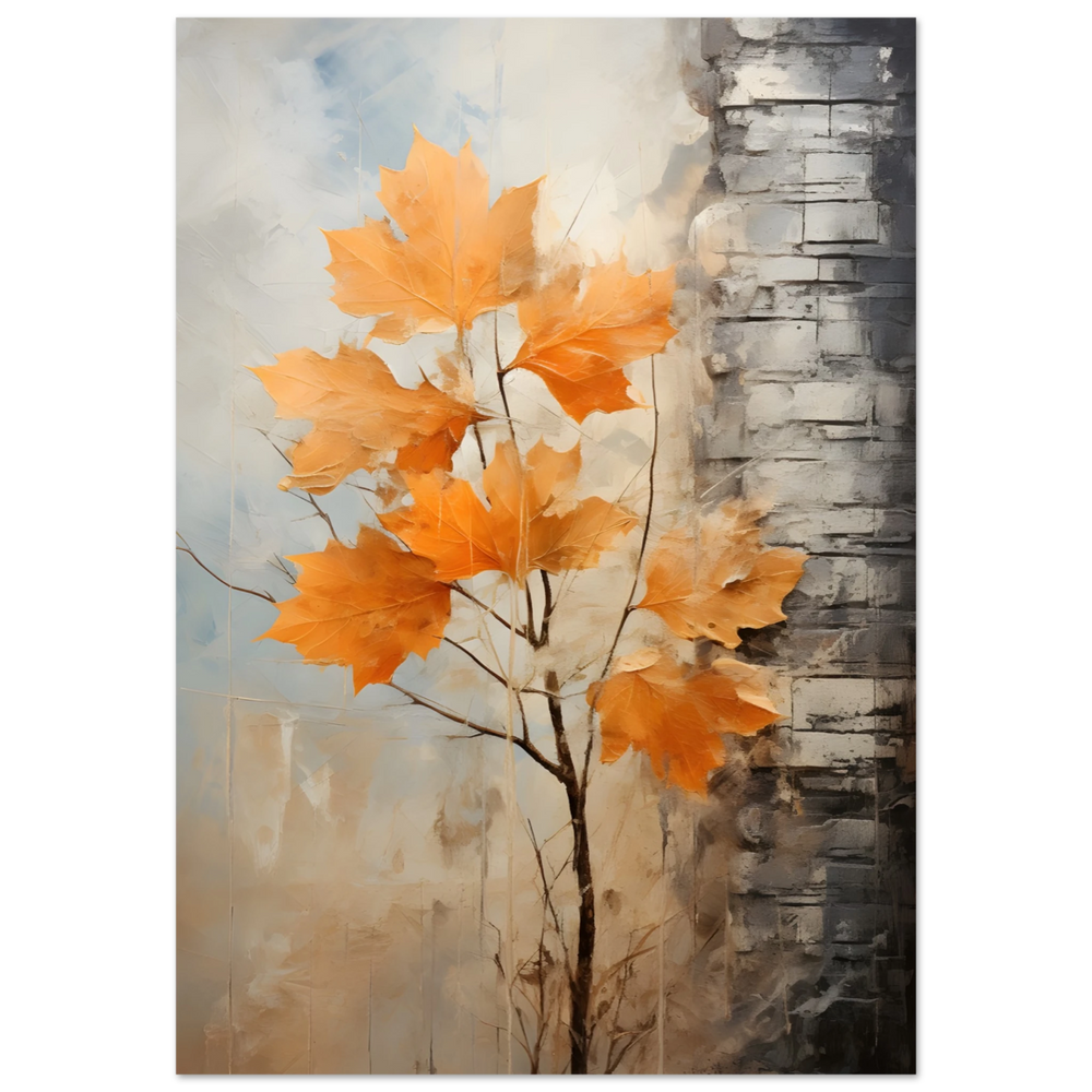 Autumn Maple Leaves by Birch Tree – Modern Nature Wall Art - Fine Art Poster - 70x100 cm / 28x40″ -