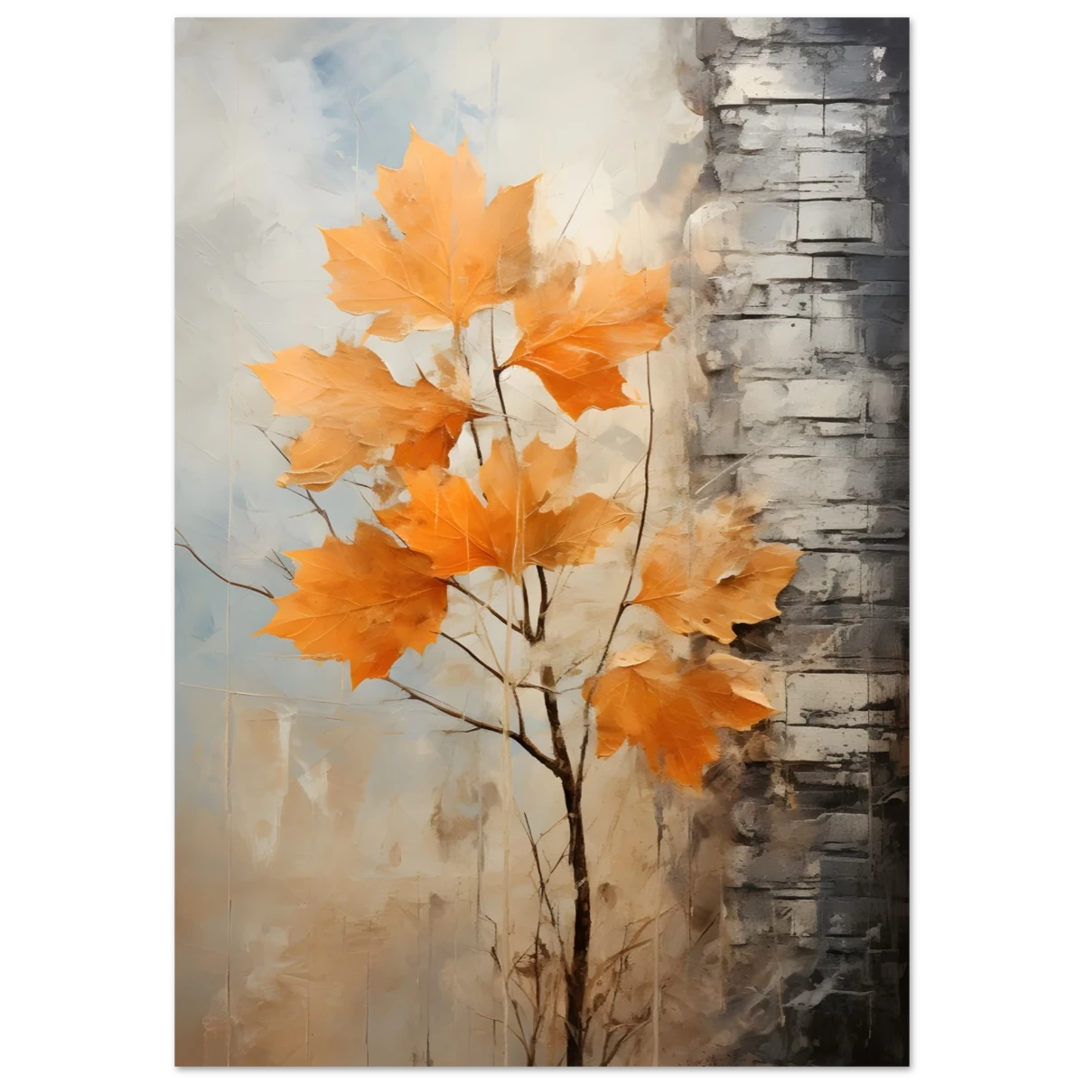Autumn Maple Leaves by Birch Tree – Modern Nature Wall Art - Fine Art Poster - 70x100 cm / 28x40″ -