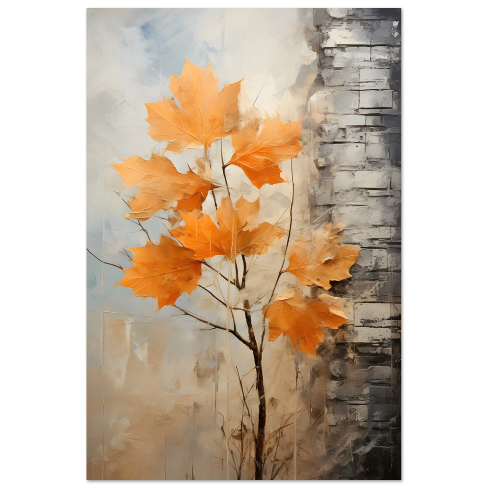 Autumn Maple Leaves by Birch Tree – Modern Nature Wall Art - Fine Art Poster - 40x60 cm / 16x24″ -