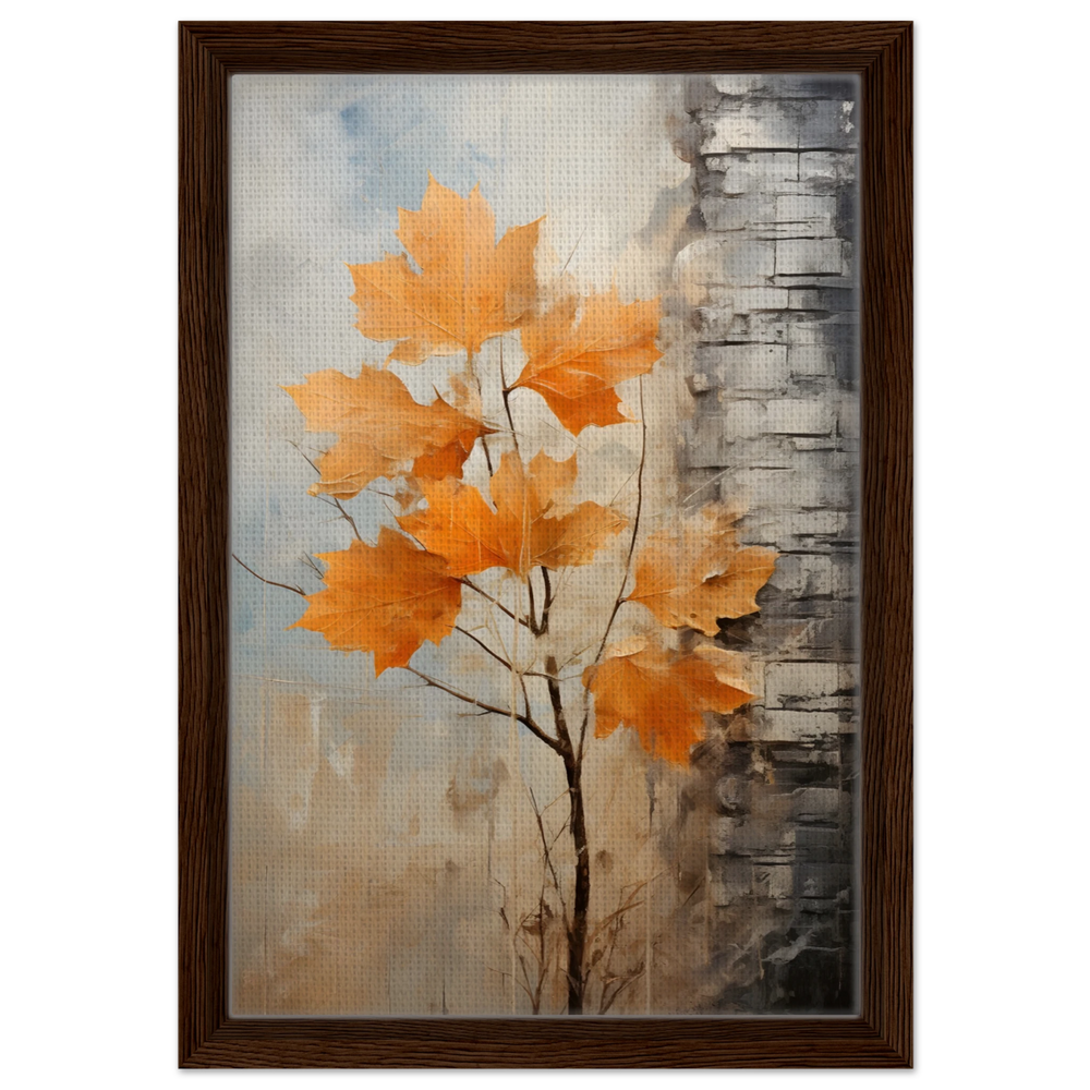 Autumn Maple Leaves by Birch Tree – Modern Nature Wall Art - Framed Canvas - 30x45 cm / 12x18″ - Dark wood frame