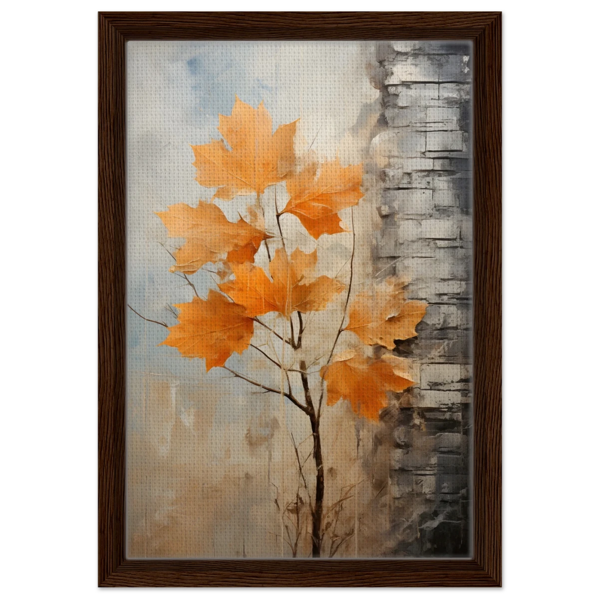 Autumn Maple Leaves by Birch Tree – Modern Nature Wall Art - Framed Canvas - 30x45 cm / 12x18″ - Dark wood frame