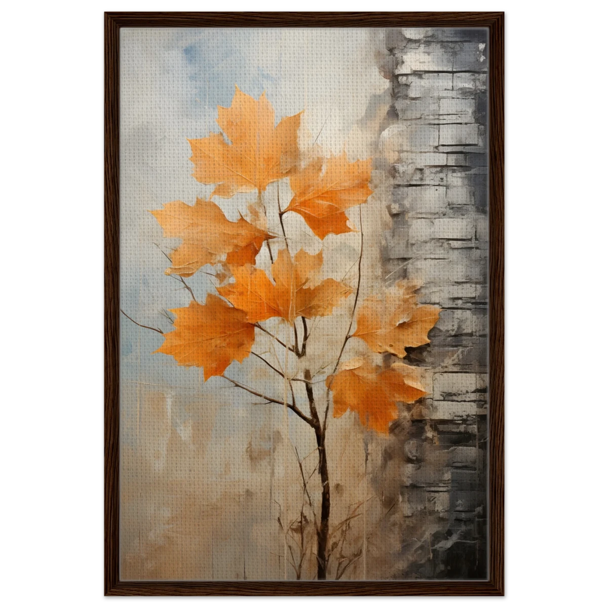 Autumn Maple Leaves by Birch Tree – Modern Nature Wall Art - Framed Canvas - 60x90 cm / 24x36″ - Dark wood frame