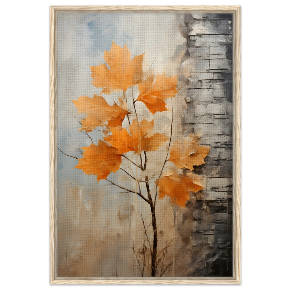 Autumn Maple Leaves by Birch Tree – Modern Nature Wall Art - Framed Canvas - 60x90 cm / 24x36″ - Wood frame