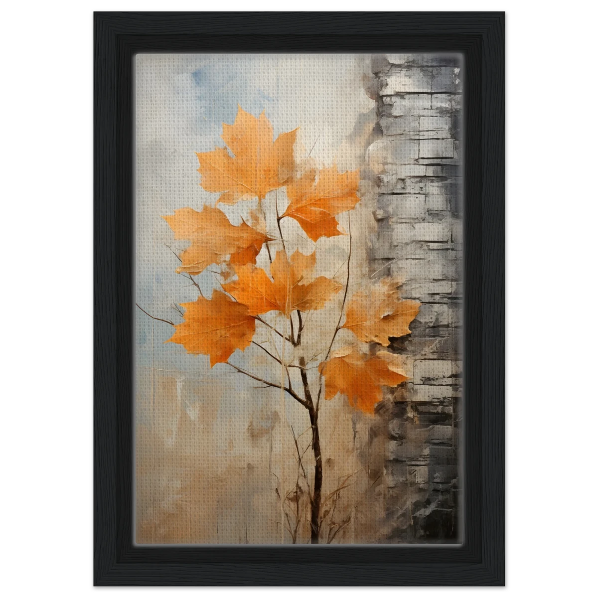 Autumn Maple Leaves by Birch Tree – Modern Nature Wall Art - Framed Canvas - 20x30 cm / 8x12″ - Black frame