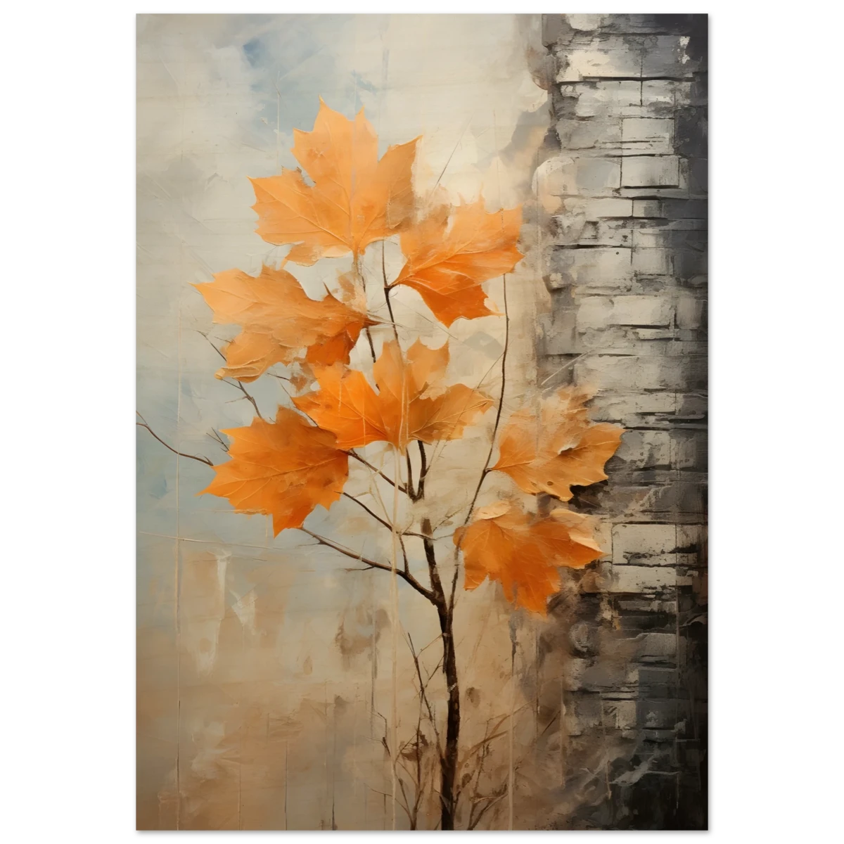 Autumn Maple Leaves by Birch Tree – Modern Nature Wall Art - Wood Prints - 70x100 cm / 28x40″ -