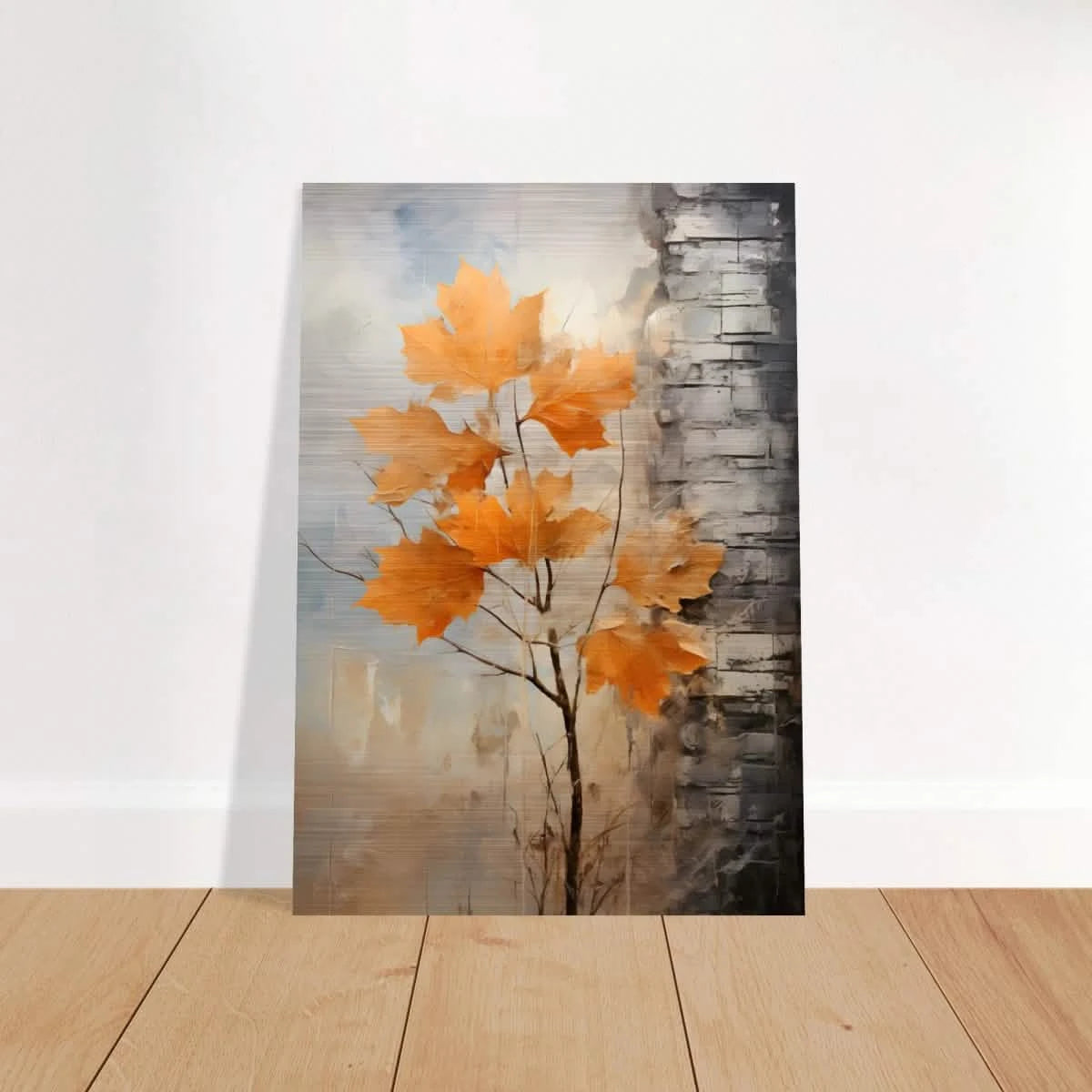 Autumn Maple Leaves by Birch Tree – Modern Nature Wall Art - Brushed Aluminum Print - 70x100 cm / 28x40″ -
