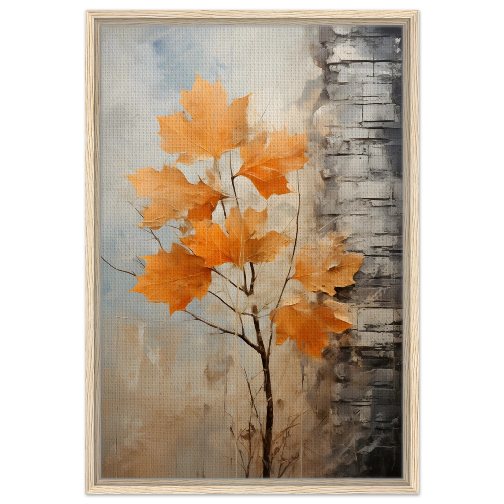 Autumn Maple Leaves by Birch Tree – Modern Nature Wall Art - Framed Canvas - 50x75 cm / 20x30″ - Wood frame