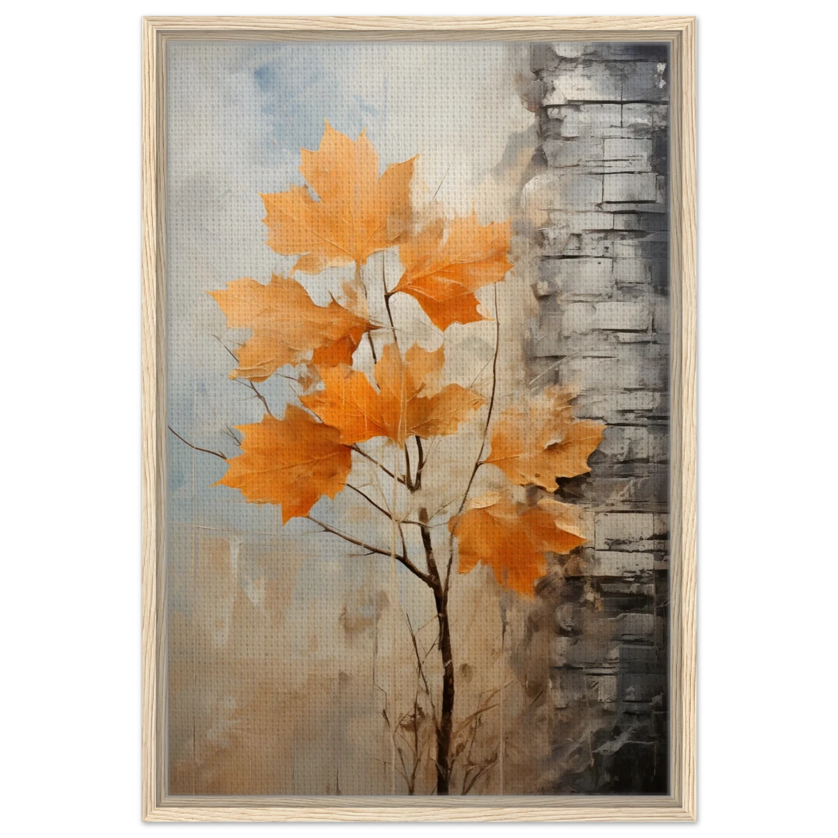 Autumn Maple Leaves by Birch Tree – Modern Nature Wall Art - Framed Canvas - 50x75 cm / 20x30″ - Wood frame