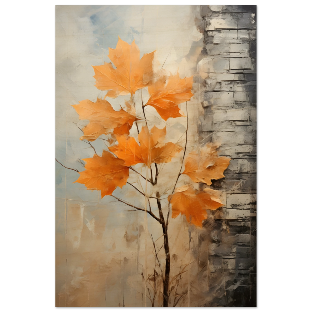 Autumn Maple Leaves by Birch Tree – Modern Nature Wall Art - Wood Prints - 20x30 cm / 8x12″ -