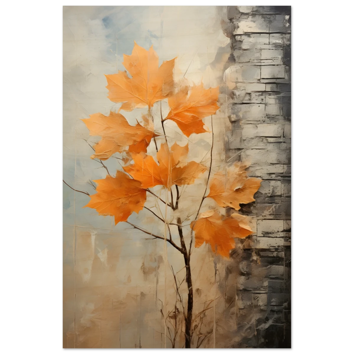Autumn Maple Leaves by Birch Tree – Modern Nature Wall Art - Wood Prints - 20x30 cm / 8x12″ -