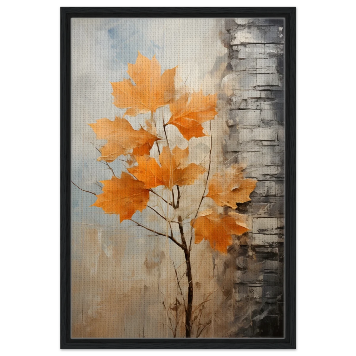 Autumn Maple Leaves by Birch Tree – Modern Nature Wall Art - Framed Canvas - 50x75 cm / 20x30″ - Black frame