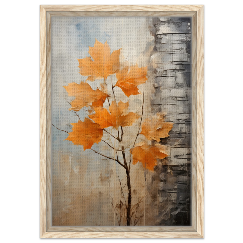 Autumn Maple Leaves by Birch Tree – Modern Nature Wall Art - Framed Canvas - 30x45 cm / 12x18″ - Wood frame