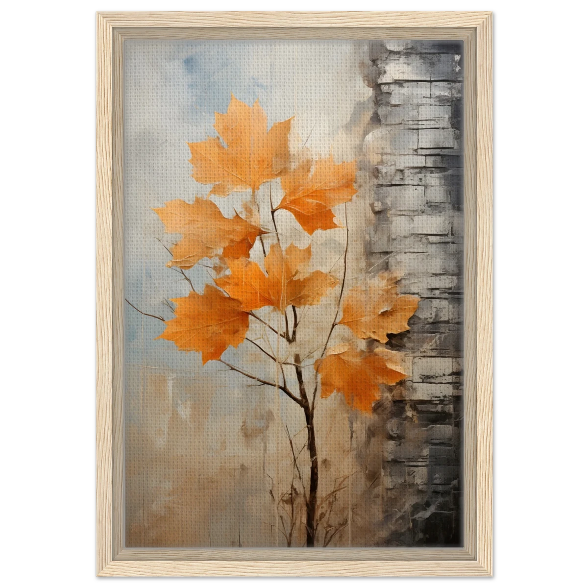 Autumn Maple Leaves by Birch Tree – Modern Nature Wall Art - Framed Canvas - 30x45 cm / 12x18″ - Wood frame