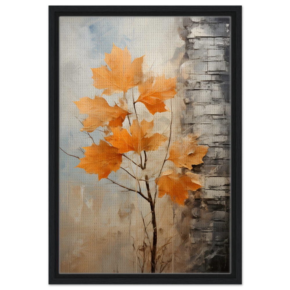 Autumn Maple Leaves by Birch Tree – Modern Nature Wall Art - Framed Canvas - 40x60 cm / 16x24″ - Black frame