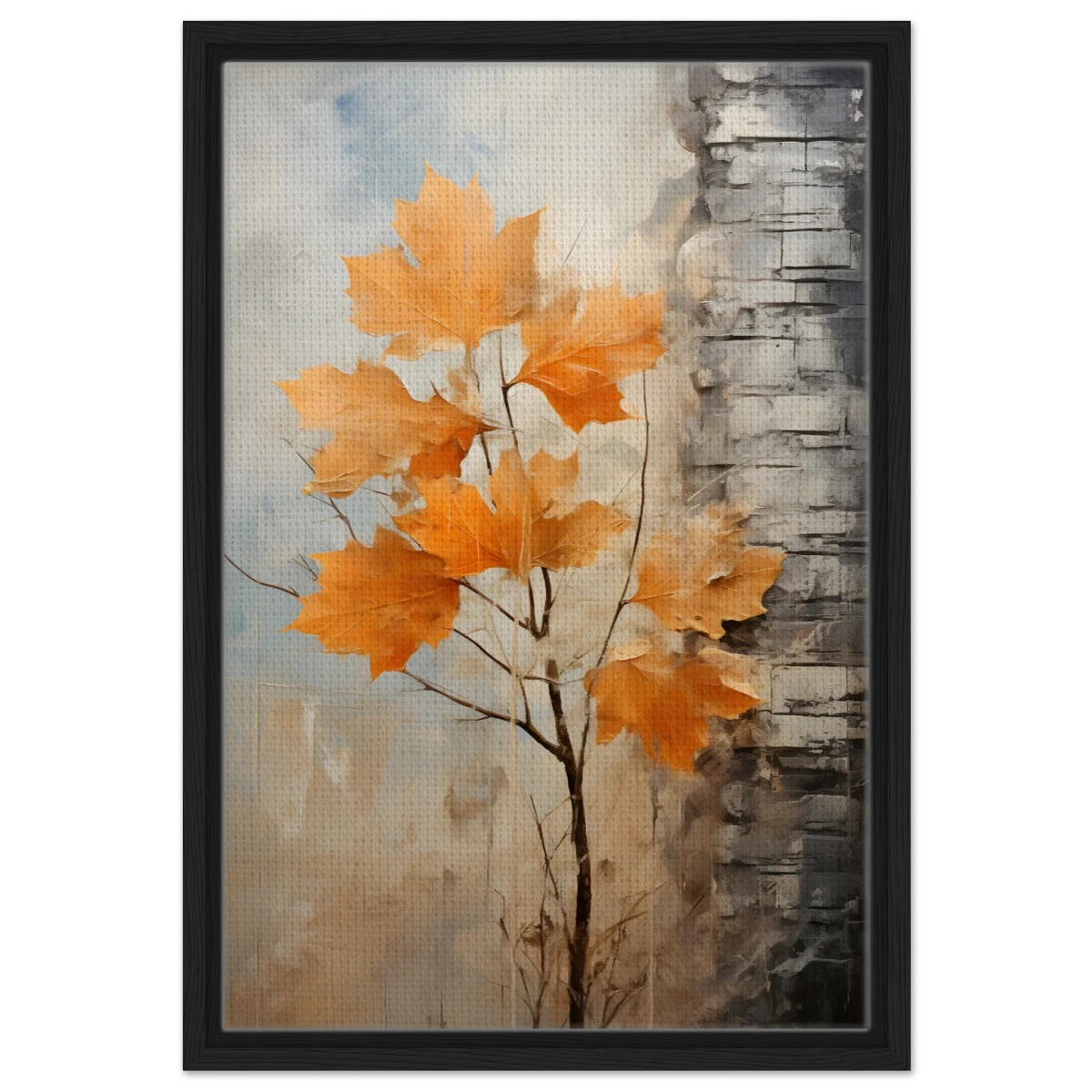 Autumn Maple Leaves by Birch Tree – Modern Nature Wall Art - Framed Canvas - 40x60 cm / 16x24″ - Black frame