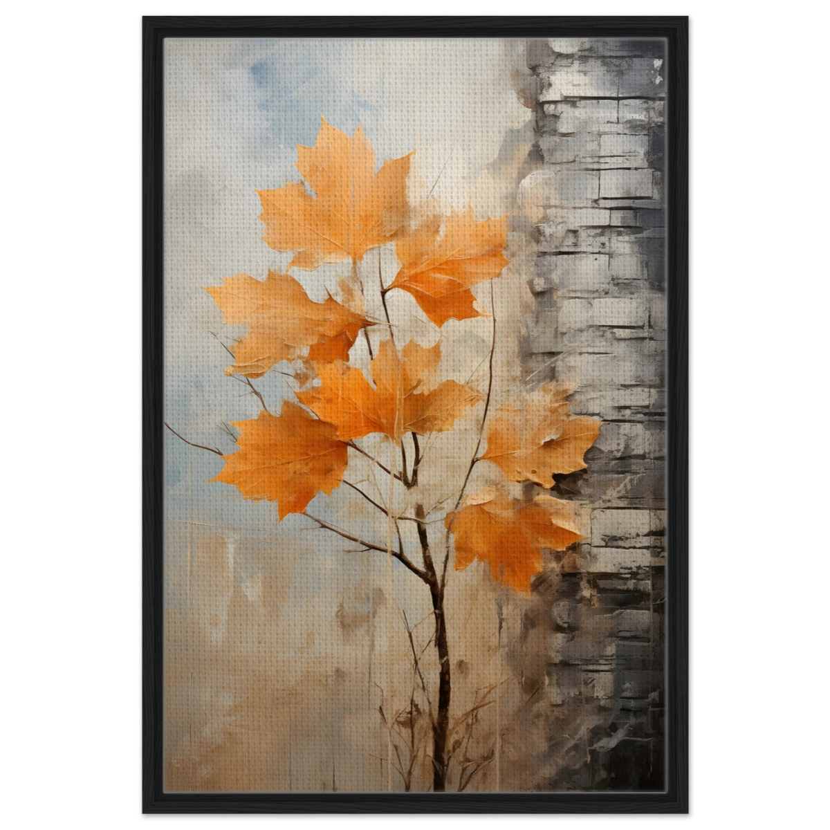 Autumn Maple Leaves by Birch Tree – Modern Nature Wall Art - Framed Canvas - 60x90 cm / 24x36″ - Black frame