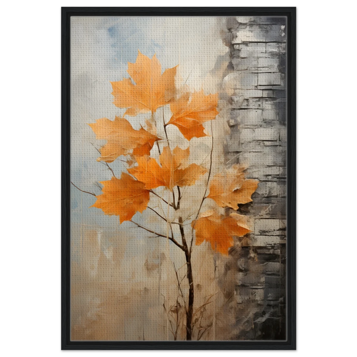 Autumn Maple Leaves by Birch Tree – Modern Nature Wall Art - Framed Canvas - 60x90 cm / 24x36″ - Black frame