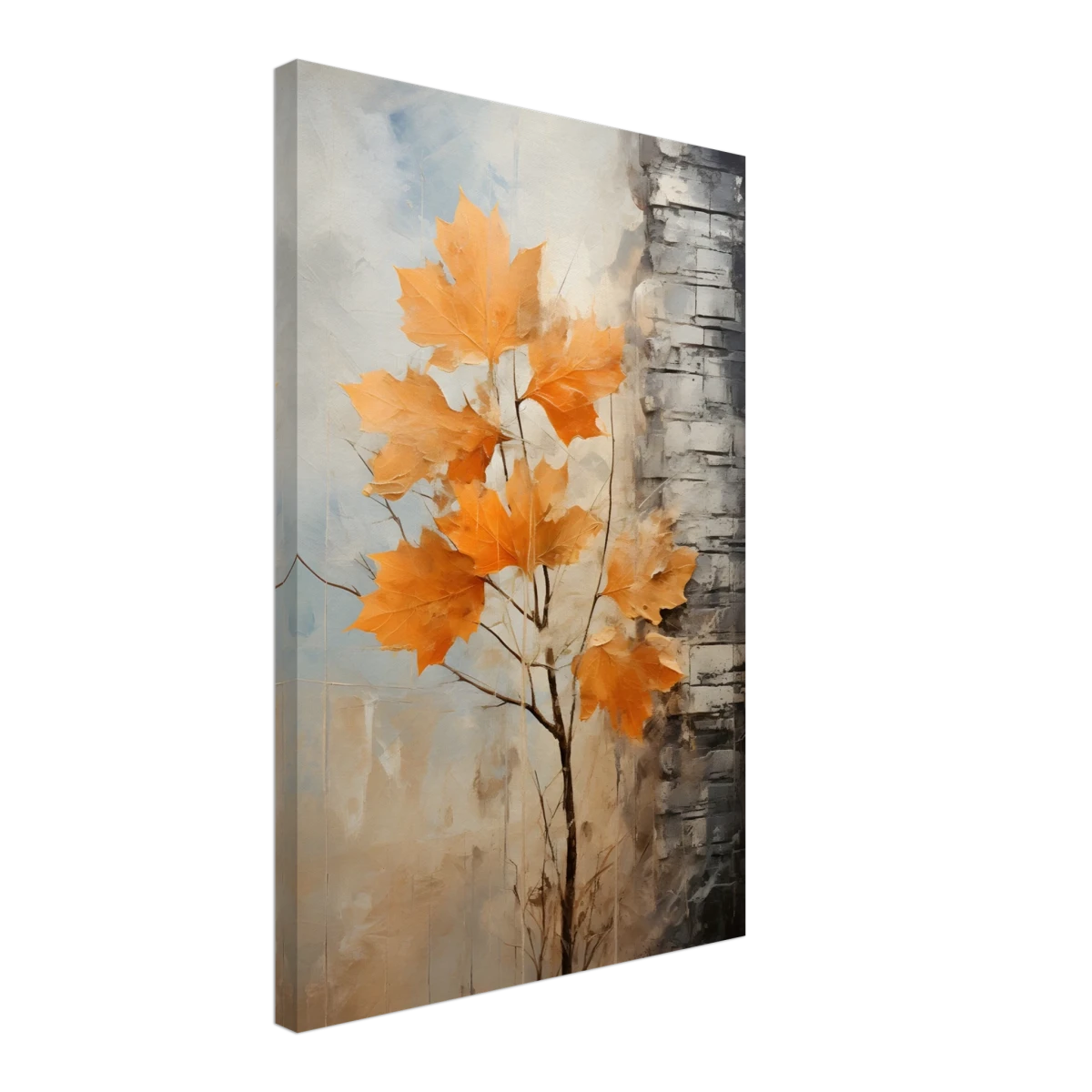 Autumn Maple Leaves by Birch Tree – Modern Nature Wall Art - Canvas - 40x60 cm / 16x24″ -