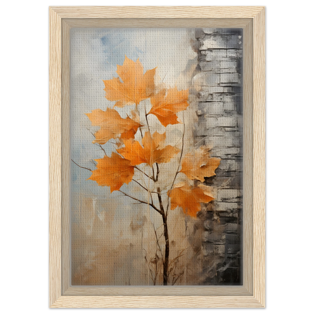 Autumn Maple Leaves by Birch Tree – Modern Nature Wall Art - Framed Canvas - 20x30 cm / 8x12″ - Wood frame