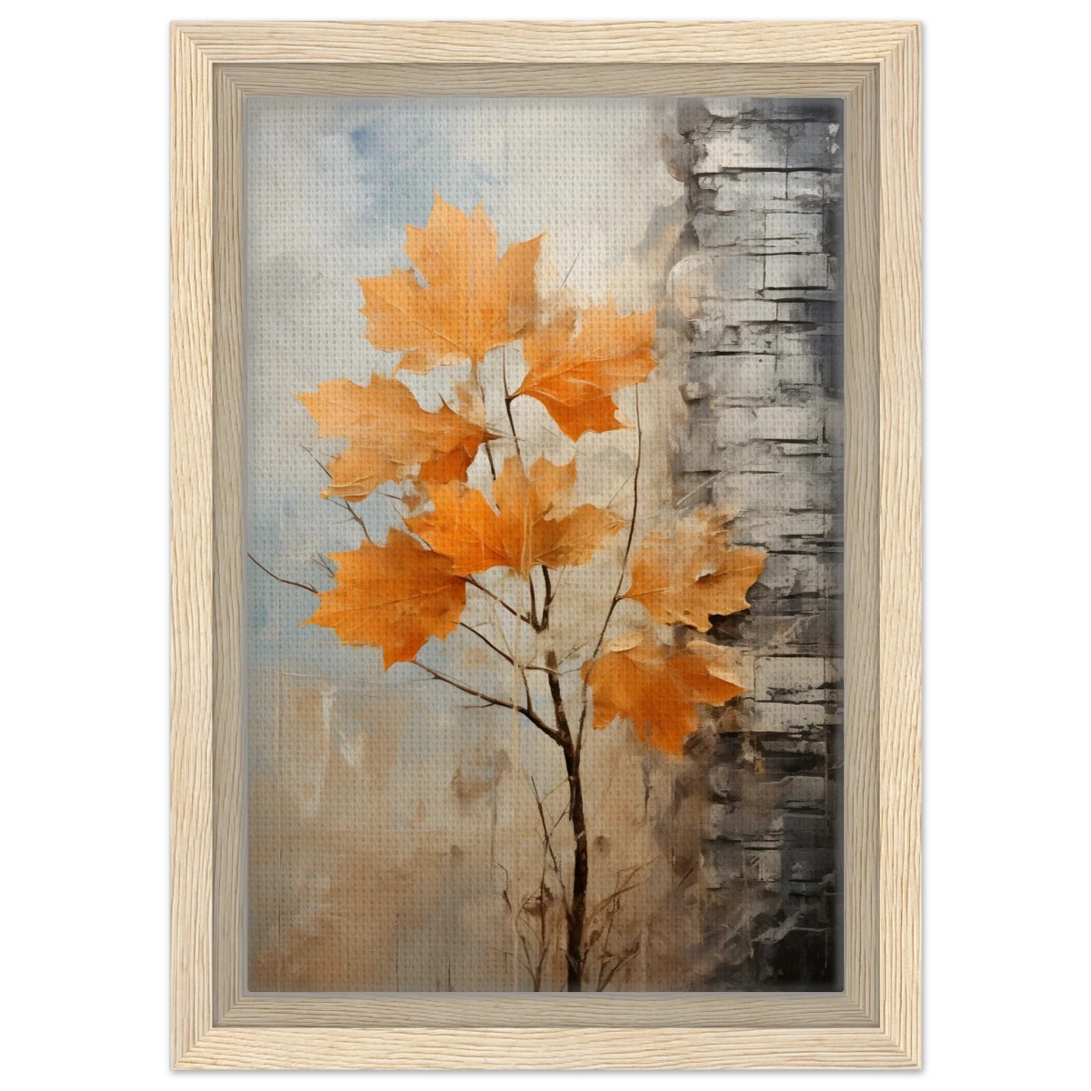 Autumn Maple Leaves by Birch Tree – Modern Nature Wall Art - Framed Canvas - 20x30 cm / 8x12″ - Wood frame