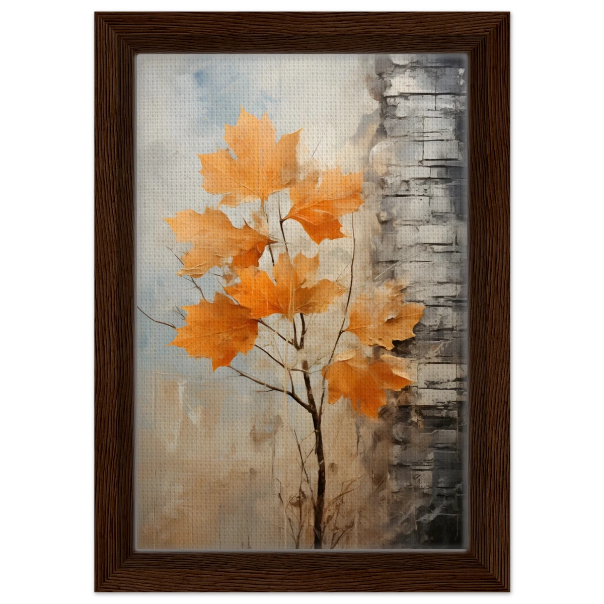 Autumn Maple Leaves by Birch Tree – Modern Nature Wall Art - Framed Canvas - 20x30 cm / 8x12″ - Dark wood frame