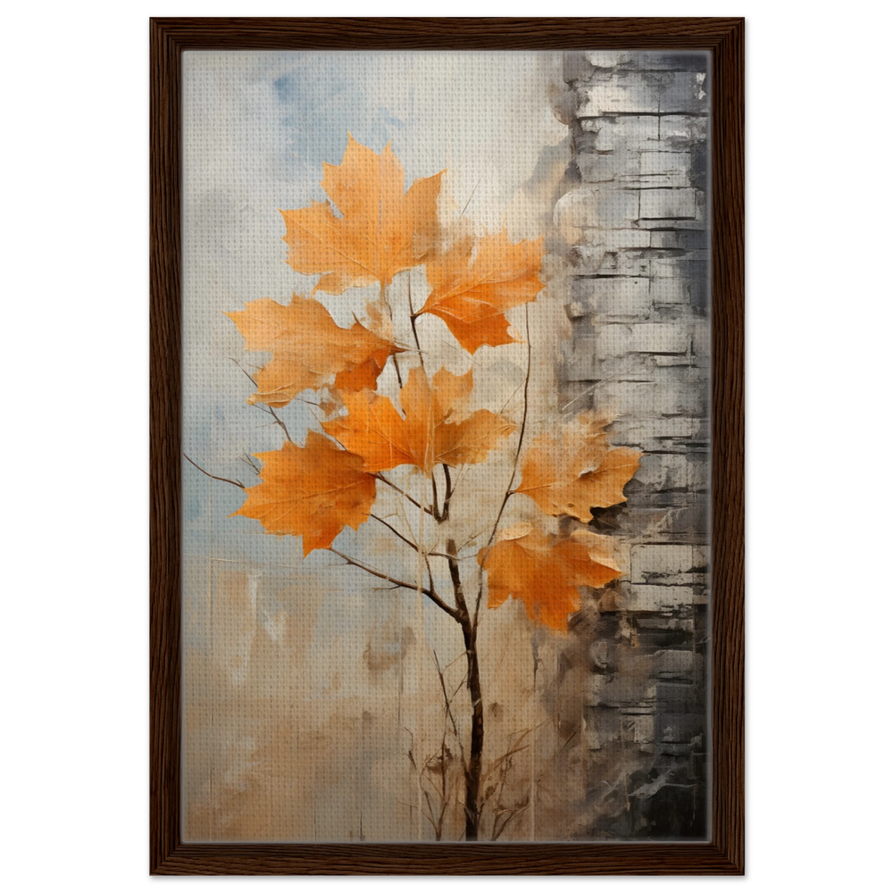 Autumn Maple Leaves by Birch Tree – Modern Nature Wall Art - Framed Canvas - 40x60 cm / 16x24″ - Dark wood frame