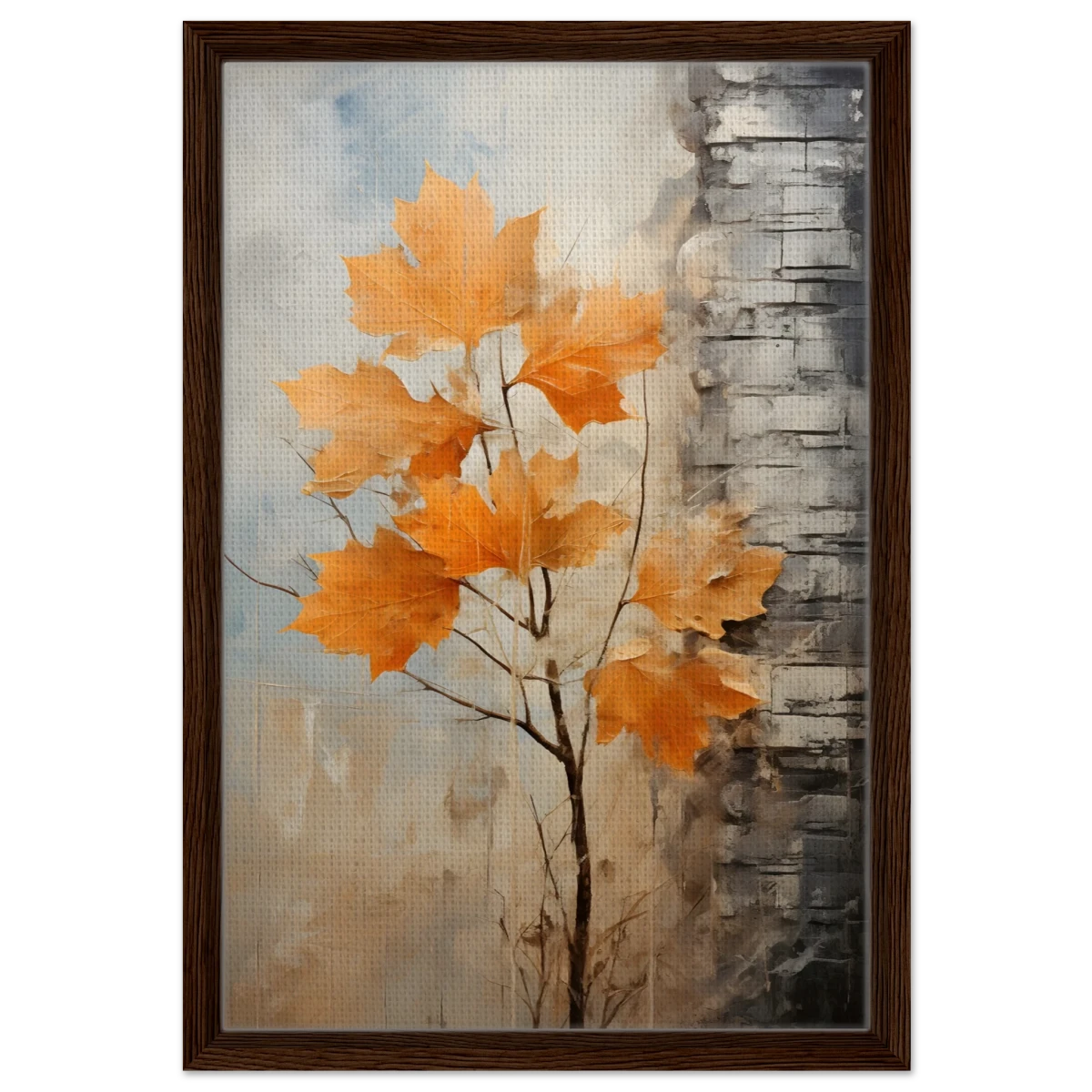Autumn Maple Leaves by Birch Tree – Modern Nature Wall Art - Framed Canvas - 40x60 cm / 16x24″ - Dark wood frame