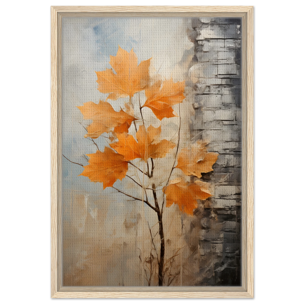 Autumn Maple Leaves by Birch Tree – Modern Nature Wall Art - Framed Canvas - 40x60 cm / 16x24″ - Wood frame