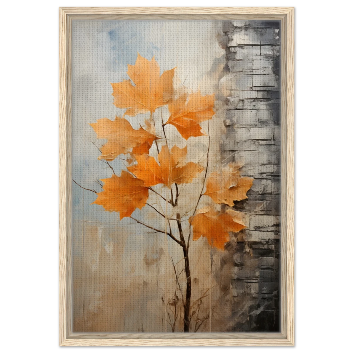 Autumn Maple Leaves by Birch Tree – Modern Nature Wall Art - Framed Canvas - 40x60 cm / 16x24″ - Wood frame