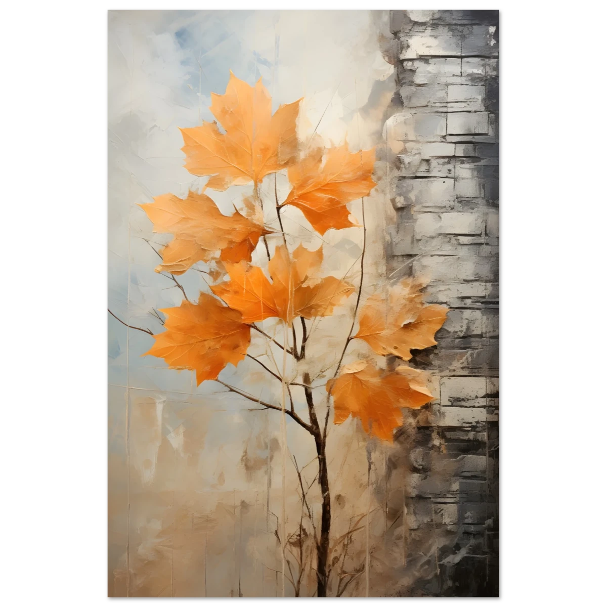 Autumn Maple Leaves by Birch Tree – Modern Nature Wall Art - Fine Art Poster - 60x90 cm / 24x36″ -