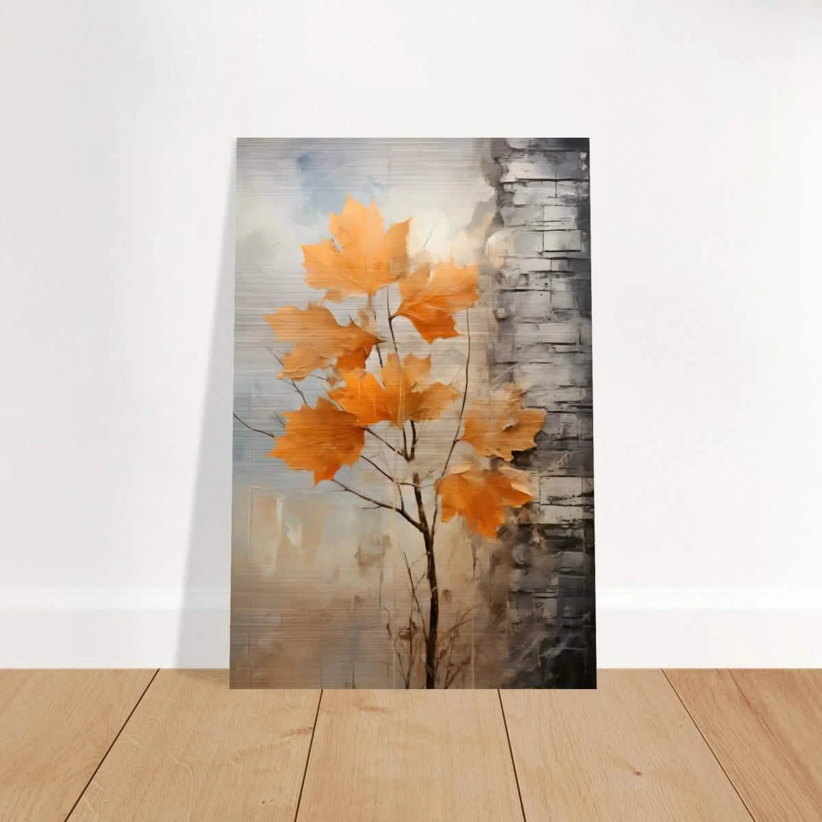 Autumn Maple Leaves by Birch Tree – Modern Nature Wall Art - Brushed Aluminum Print - 50x75 cm / 20x30″ -