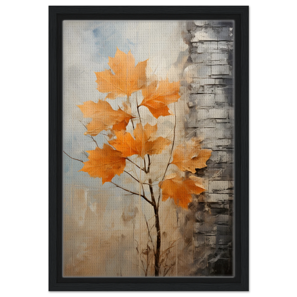 Autumn Maple Leaves by Birch Tree – Modern Nature Wall Art - Framed Canvas - 30x45 cm / 12x18″ - Black frame