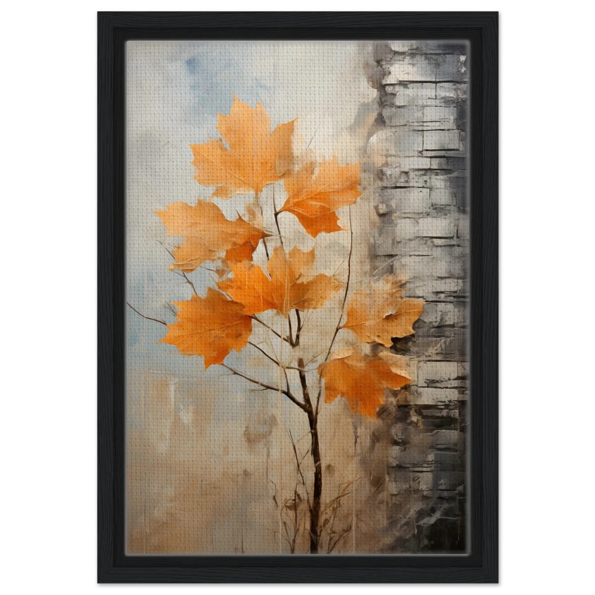 Autumn Maple Leaves by Birch Tree – Modern Nature Wall Art - Framed Canvas - 30x45 cm / 12x18″ - Black frame