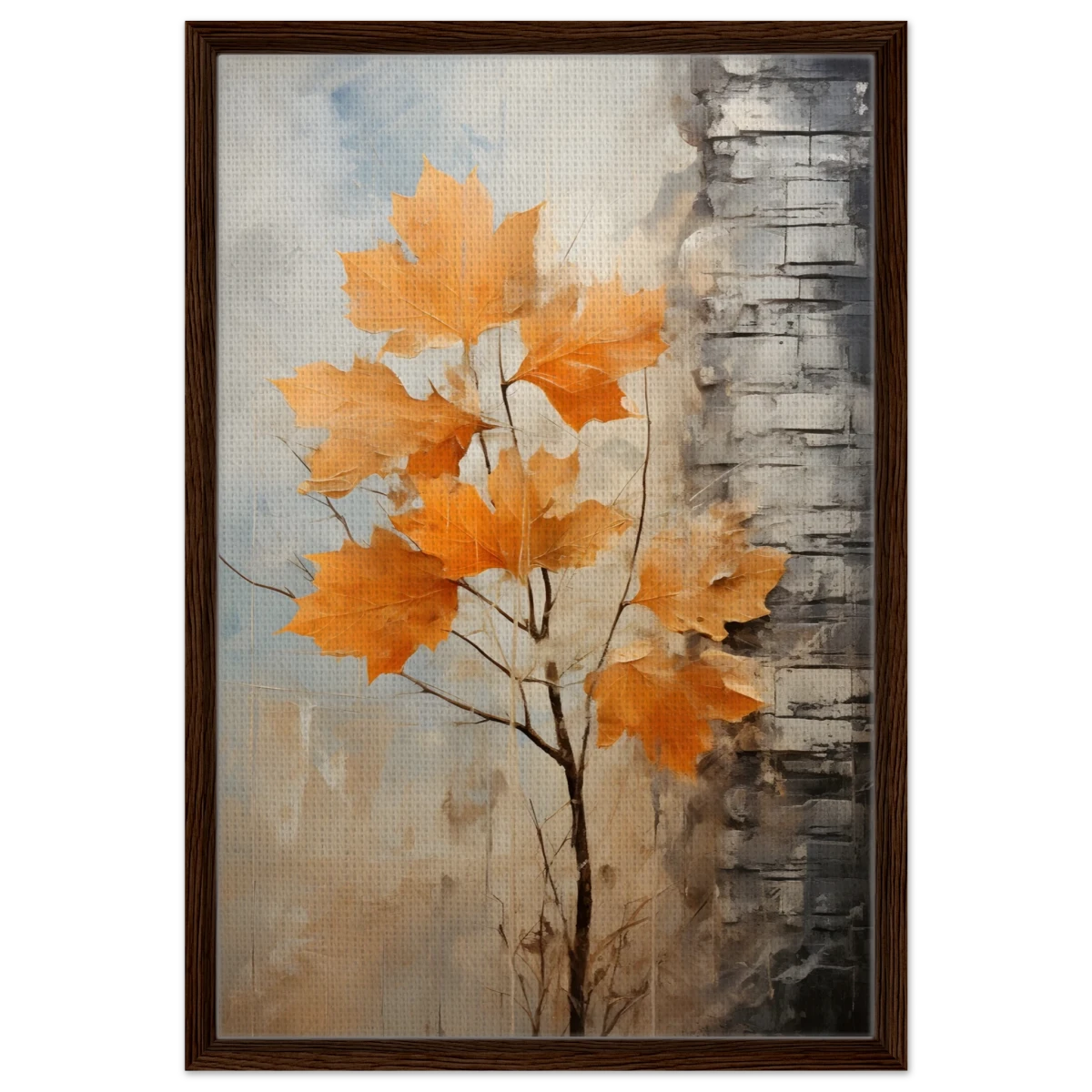 Autumn Maple Leaves by Birch Tree – Modern Nature Wall Art - Framed Canvas - 50x75 cm / 20x30″ - Dark wood frame