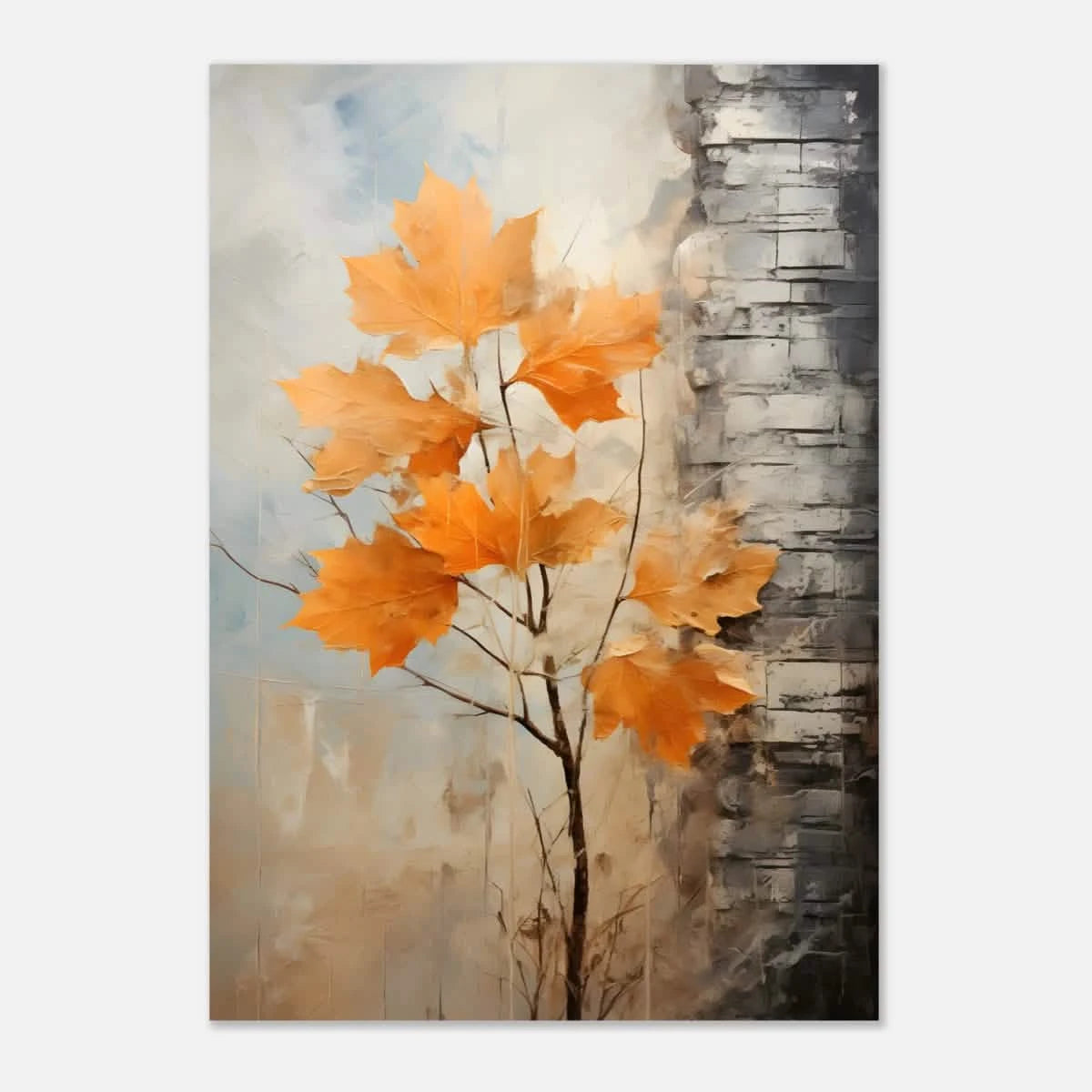 Autumn Maple Leaves by Birch Tree – Modern Nature Wall Art - Aluminum Print - 70x100 cm / 28x40″ -