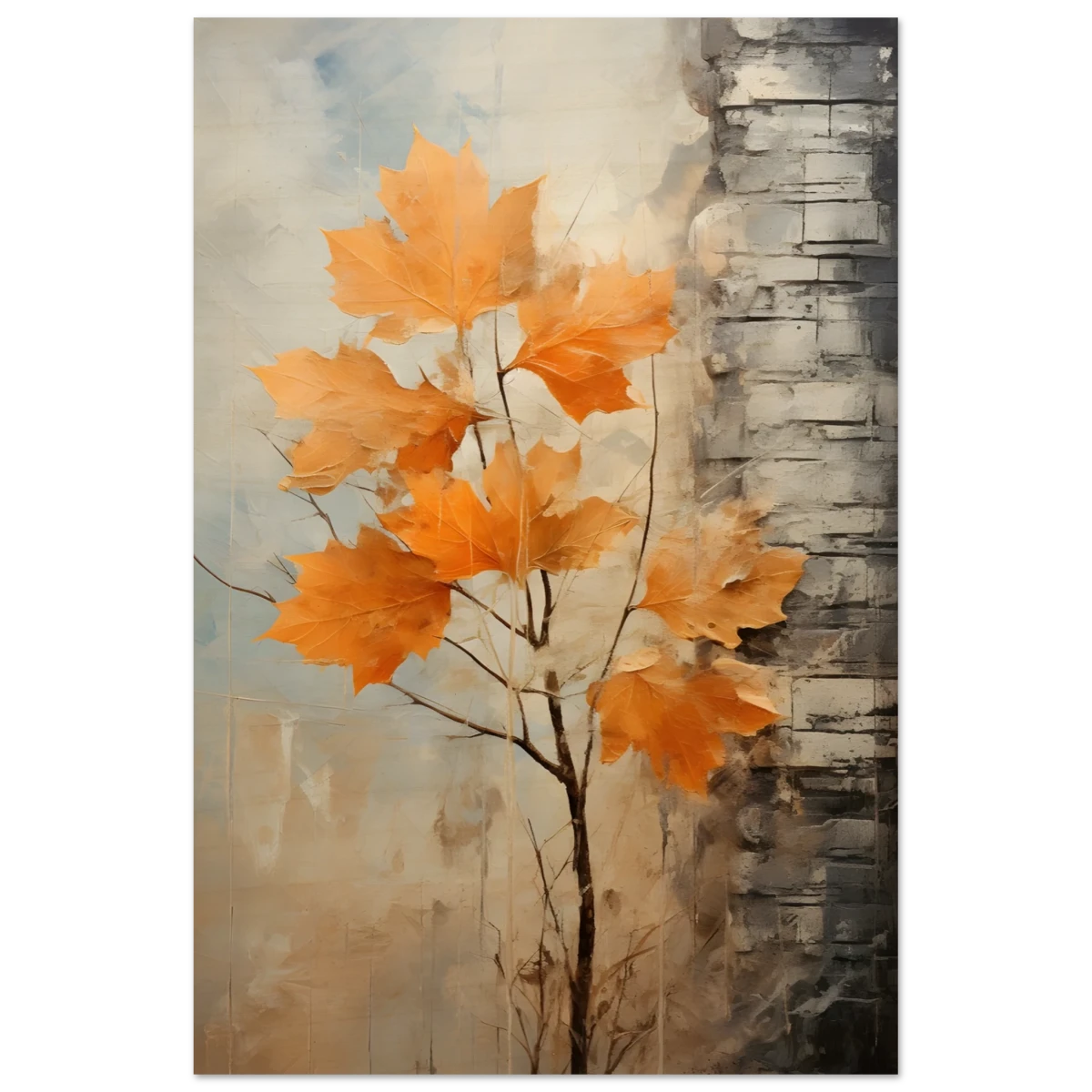 Autumn Maple Leaves by Birch Tree – Modern Nature Wall Art - Wood Prints - 30x45 cm / 12x18″ -