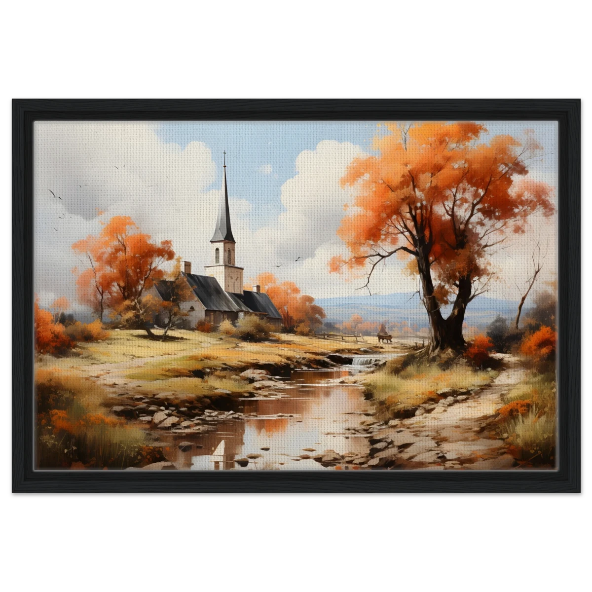 Autumn Serenity by the Chapel – Countryside Landscape Wall Art Print - Framed Canvas - 40x60 cm / 16x24″ - Black frame