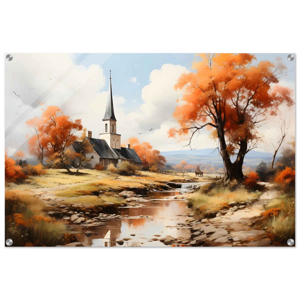 Autumn Serenity by the Chapel – Countryside Landscape Wall Art Print - Acrylic Print - 60x90 cm / 24x36″ -