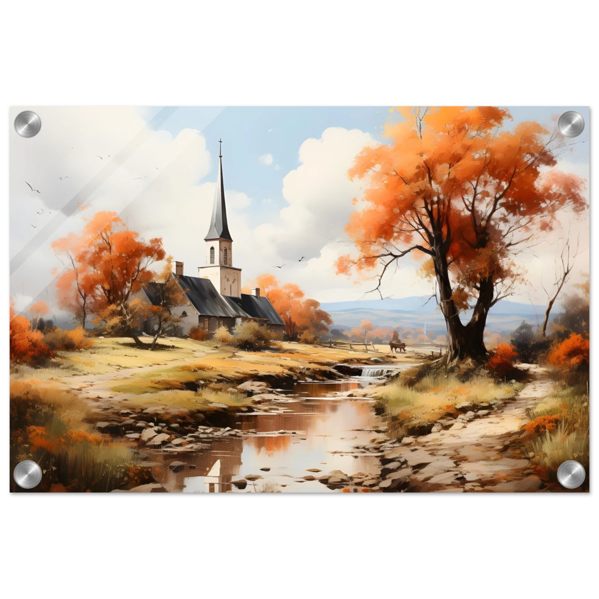 Autumn Serenity by the Chapel – Countryside Landscape Wall Art Print - Acrylic Print - 30x45 cm / 12x18″ -