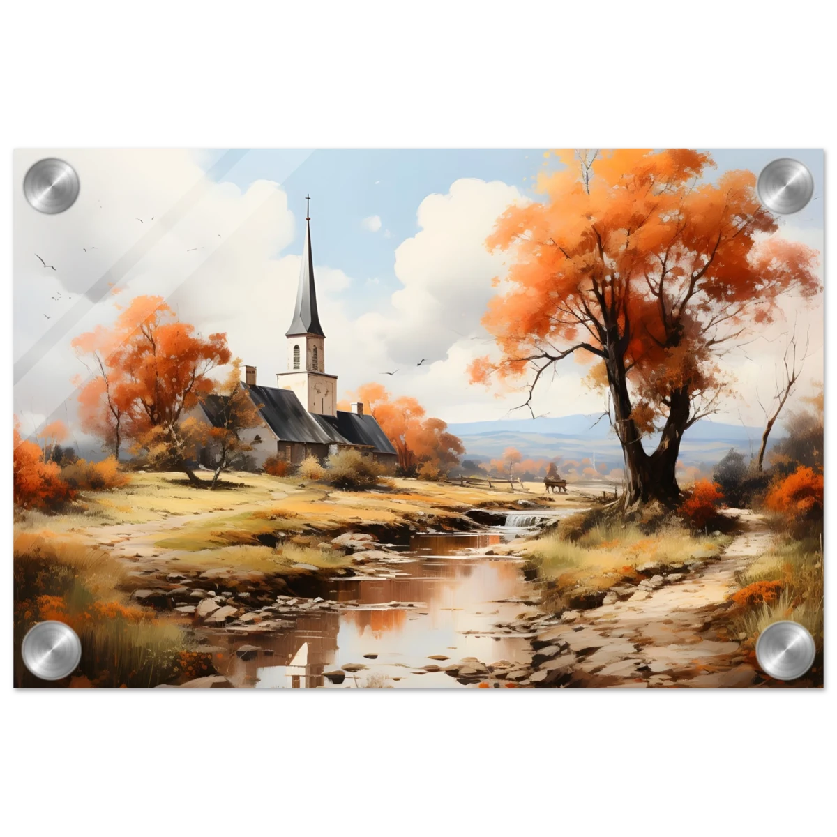 Autumn Serenity by the Chapel – Countryside Landscape Wall Art Print - Acrylic Print - 20x30 cm / 8x12″ -