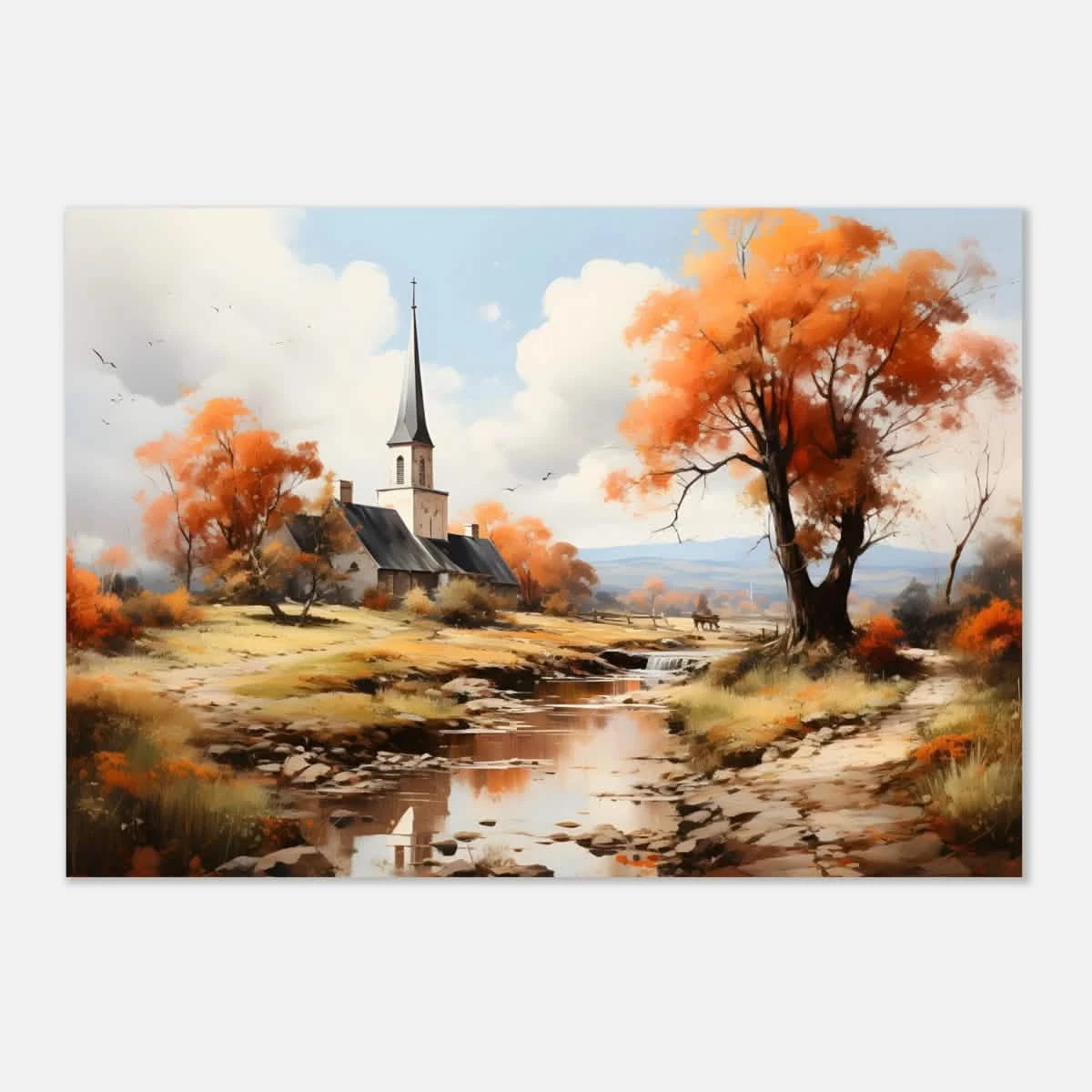 Autumn Serenity by the Chapel – Countryside Landscape Wall Art Print - Aluminum Print - 70x100 cm / 28x40″ -