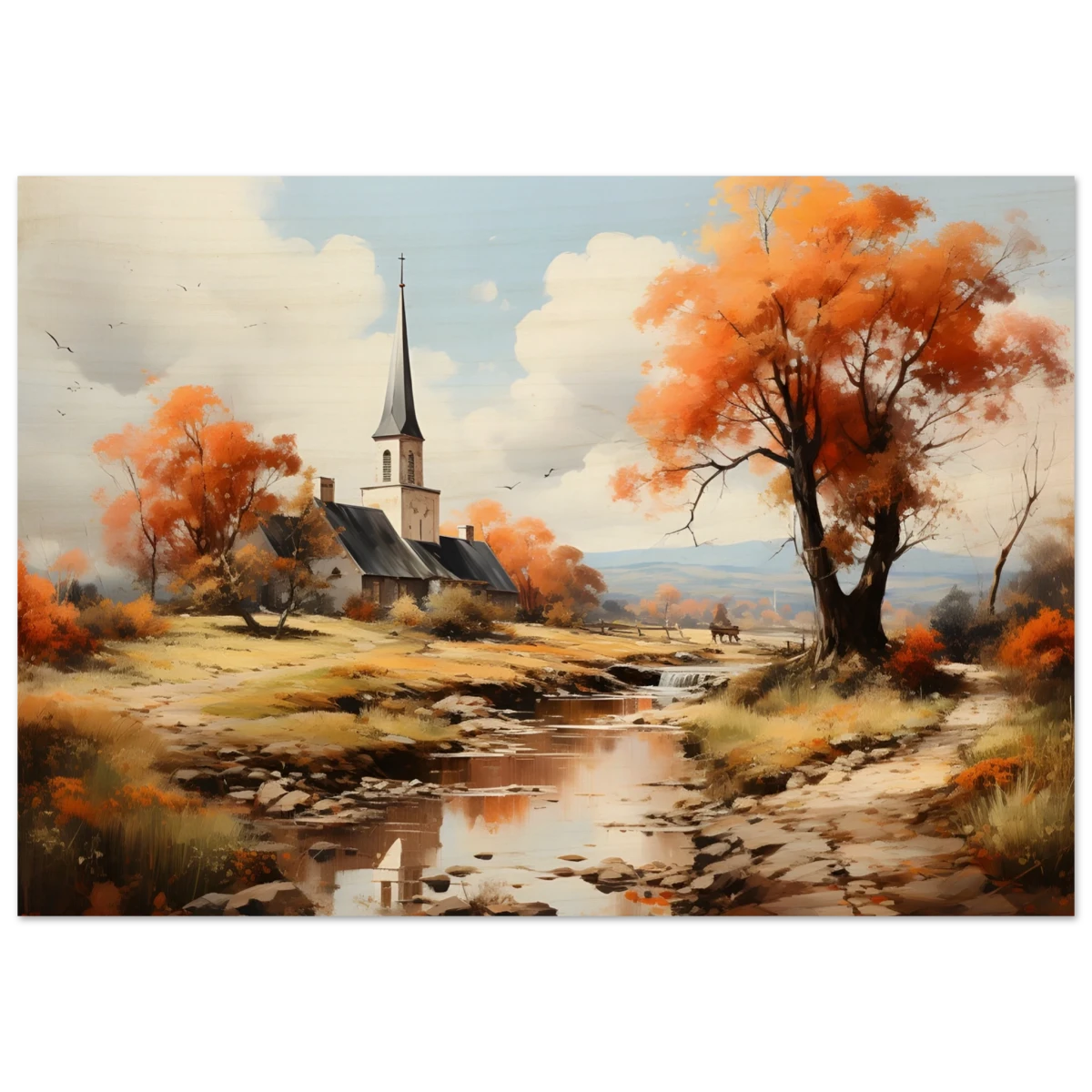 Autumn Serenity by the Chapel – Countryside Landscape Wall Art Print - Wood Prints - 70x100 cm / 28x40″ -